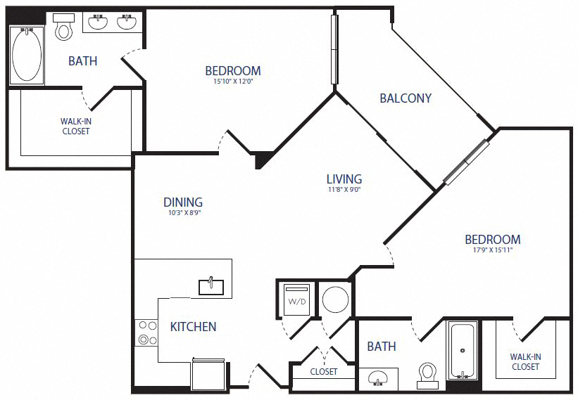 Floor plan for 2 beds, 2 baths, 1162 sqft